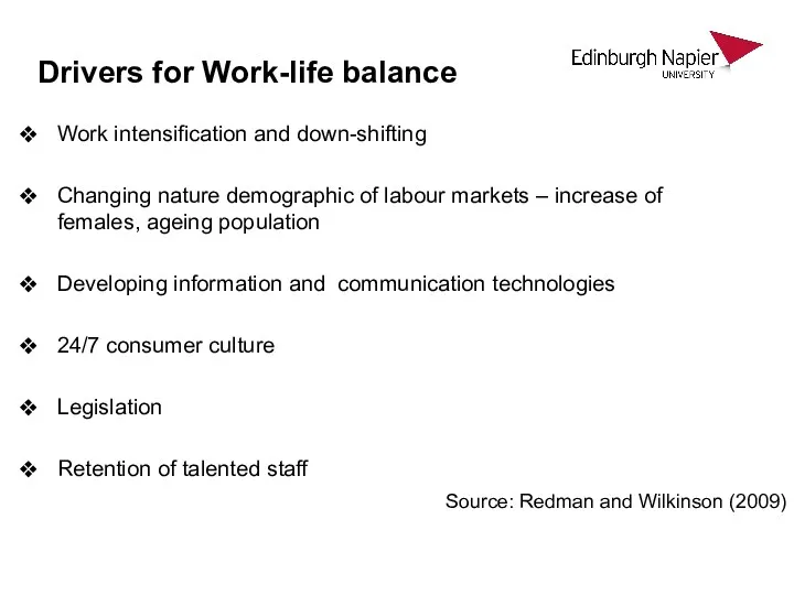 Drivers for Work-life balance Work intensification and down-shifting Changing nature