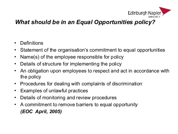 What should be in an Equal Opportunities policy? Definitions Statement