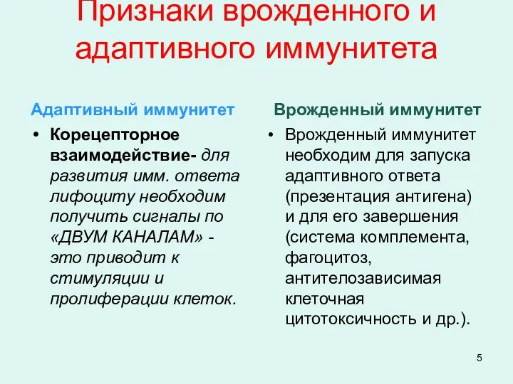 Признаки врожденного и адаптивного иммунитета Адаптивный иммунитет Корецепторное взаимодействие- для