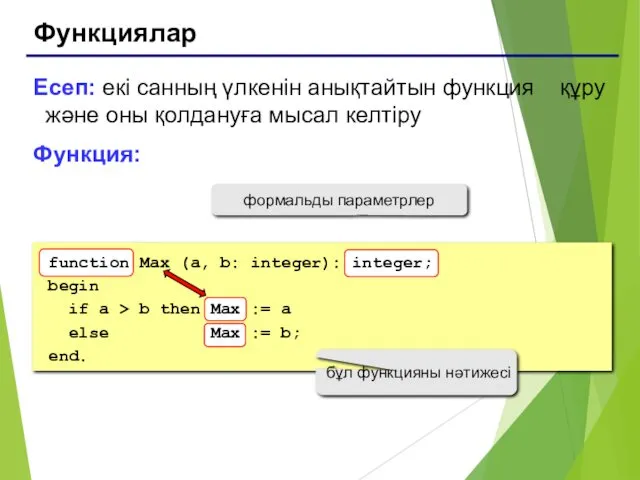 Функциялар Есеп: екі санның үлкенін анықтайтын функция құру және оны қолдануға мысал келтіру