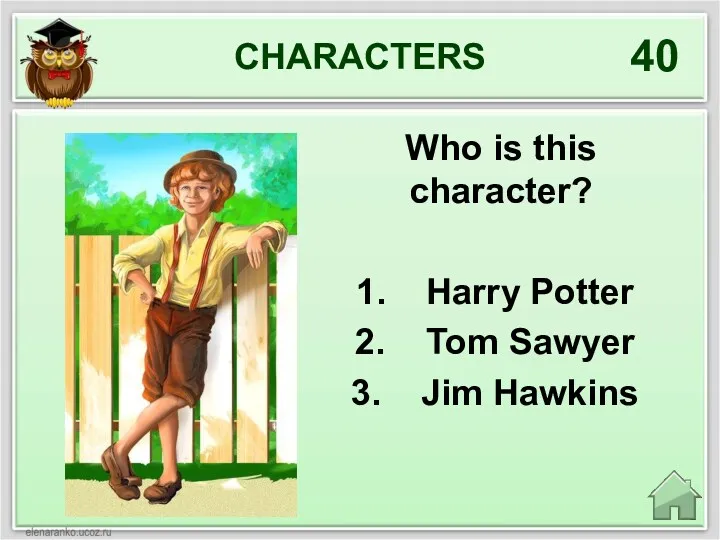 CHARACTERS 40 Who is this character? Harry Potter Tom Sawyer Jim Hawkins