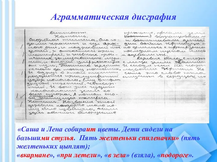 Аграмматическая дисграфия «Саша и Лена собираит цветы. Дети сидели на