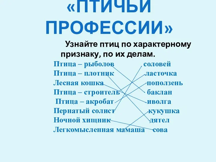 «ПТИЧЬИ ПРОФЕССИИ» Узнайте птиц по характерному признаку, по их делам.