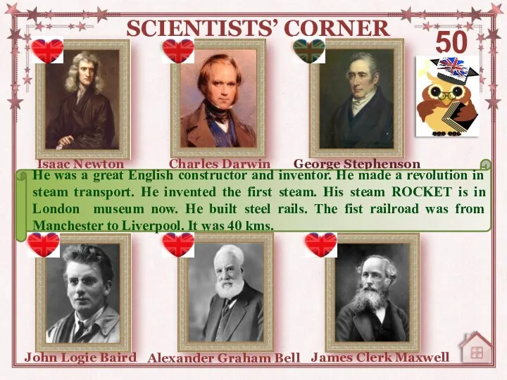 50 SCIENTISTS’ CORNER Charles Darwin George Stephenson James Clerk Maxwell
