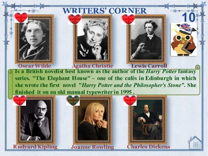 WRITERS’ CORNER 10 Agatha Christie Lewis Carroll Charles Dickens Joanne Rowling Oscar Wilde Rudyard Kipling