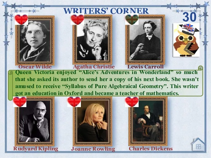 30 WRITERS’ CORNER Agatha Christie Lewis Carroll Charles Dickens Joanne Rowling Oscar Wilde Rudyard Kipling
