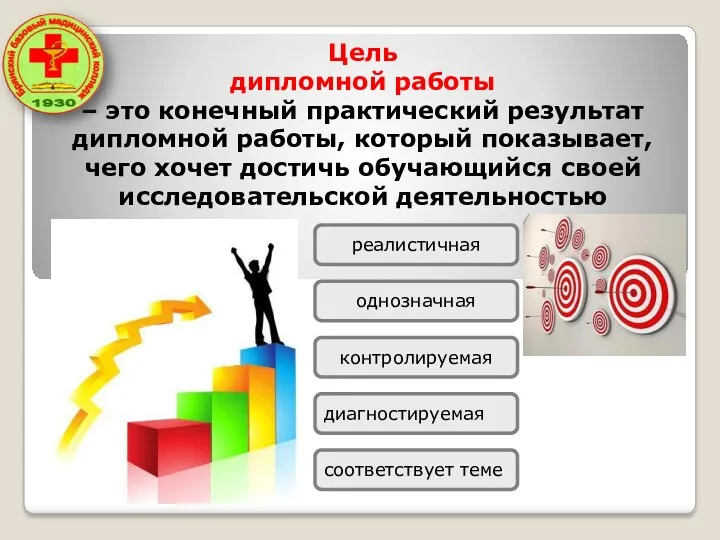 Цель дипломной работы – это конечный практический результат дипломной работы, который показывает, чего