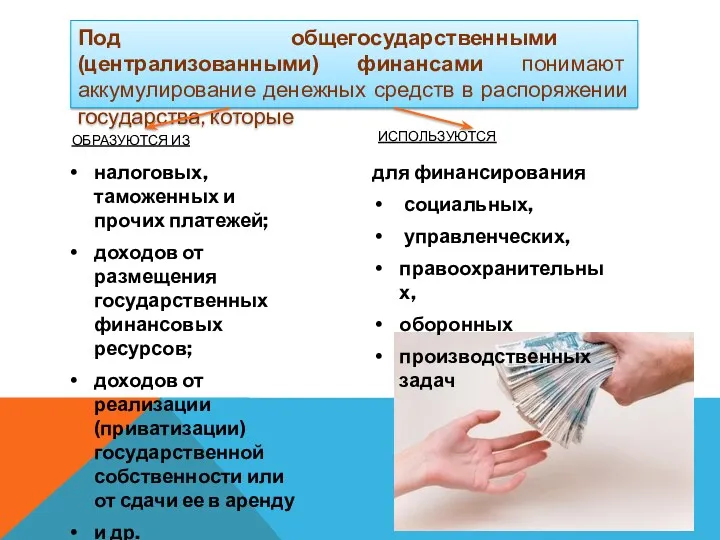 ОБРАЗУЮТСЯ ИЗ налоговых, таможенных и прочих платежей; доходов от размещения