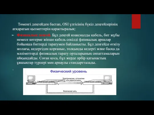 Төменгі деңгейден бастап, OSI үлгісінің бүкіл деңгейлерінің атқаратын қызметтерін қарастыралық: