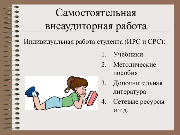 Самостоятельная внеаудиторная работа Учебники Методические пособия Дополнительная литература Сетевые ресурсы