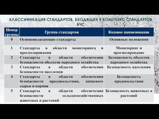 КЛАССИФИКАЦИЯ СТАНДАРТОВ, ВХОДЯЩИХ В КОМПЛЕКС СТАНДАРТОВ БЧС