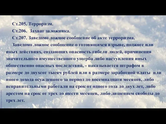 Ст.205. Терроризм. Ст.206. Захват заложника. Ст.207. Заведомо ложное сообщение об