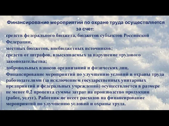 Финансирование мероприятий по охране труда осуществляется за счет: средств федерального