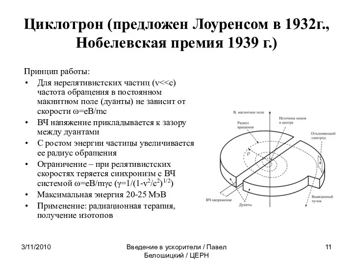 3/11/2010 Введение в ускорители / Павел Белошицкий / ЦЕРН Циклотрон