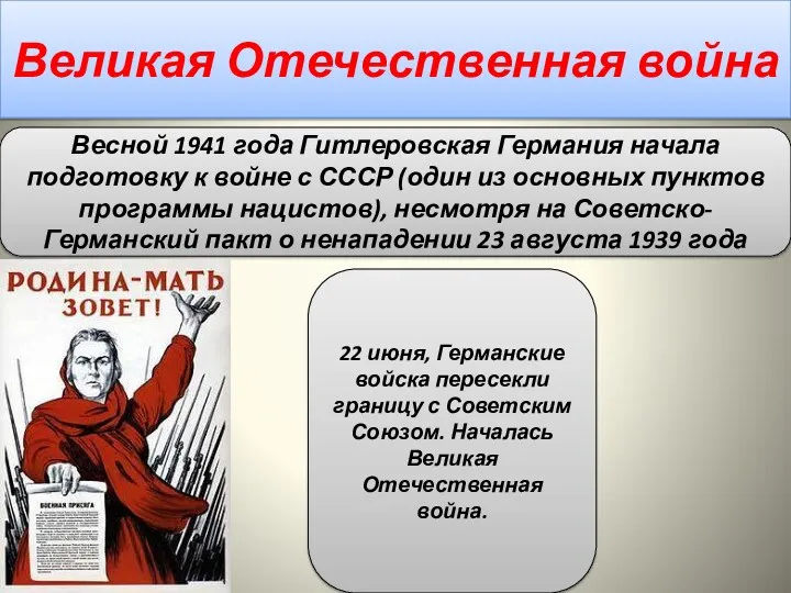 Великая Отечественная война Весной 1941 года Гитлеровская Германия начала подготовку к войне с