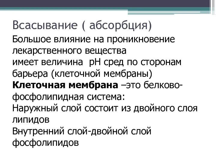 Всасывание ( абсорбция)‏ Большое влияние на проникновение лекарственного вещества имеет