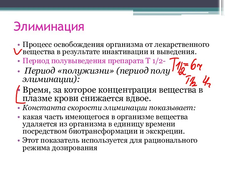 Элиминация Процесс освобождения организма от лекарственного вещества в результате инактивации