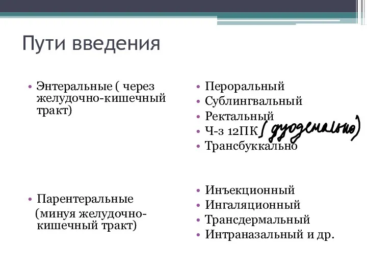 Пути введения Энтеральные ( через желудочно-кишечный тракт)‏ Парентеральные (минуя желудочно-кишечный