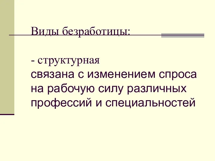 Виды безработицы: - структурная связана с изменением спроса на рабочую силу различных профессий и специальностей