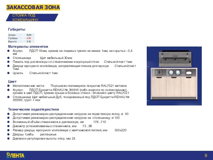 ЗАКАССОВАЯ ЗОНА СТОЙКА ПОД КОФЕМАШИНУ Габариты Материалы элементов Корпус ЛДСП