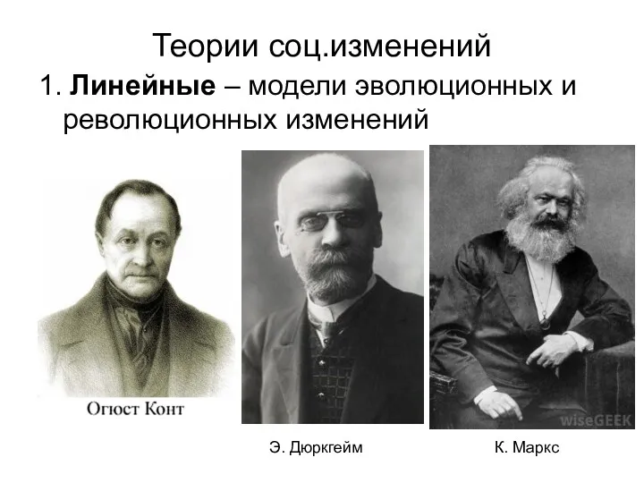 Теории соц.изменений 1. Линейные – модели эволюционных и революционных изменений Э. Дюркгейм К. Маркс