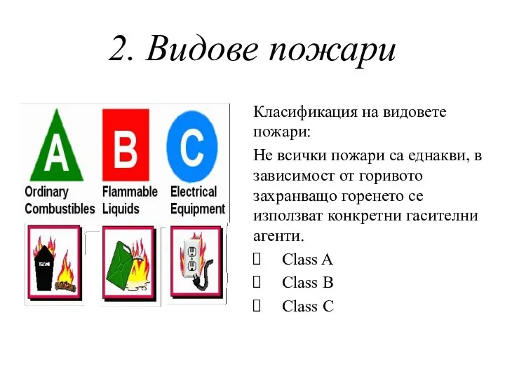 2. Видове пожари Класификация на видовете пожари: Не всички пожари