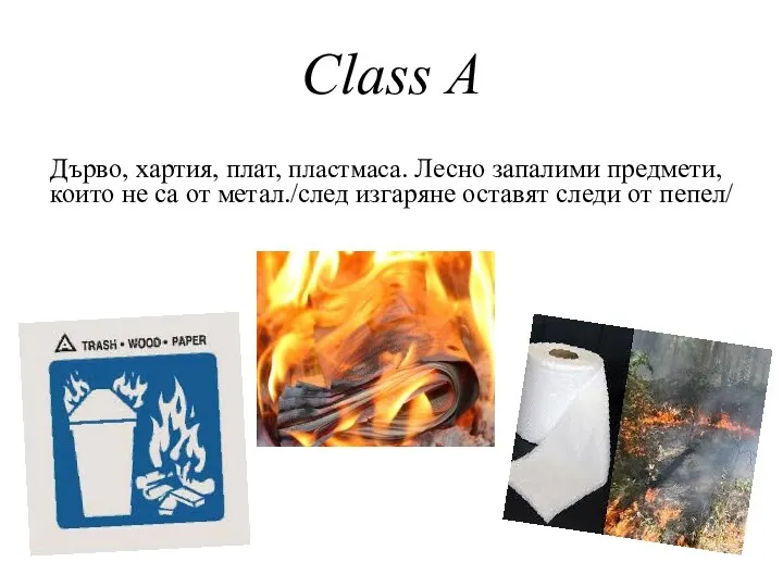 Class A Дърво, хартия, плат, пластмаса. Лесно запалими предмети, които