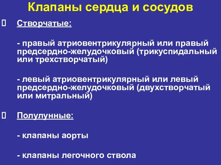 Клапаны сердца и сосудов Створчатые: - правый атриовентрикулярный или правый предсердно-желудочковый (трикуспидальный или