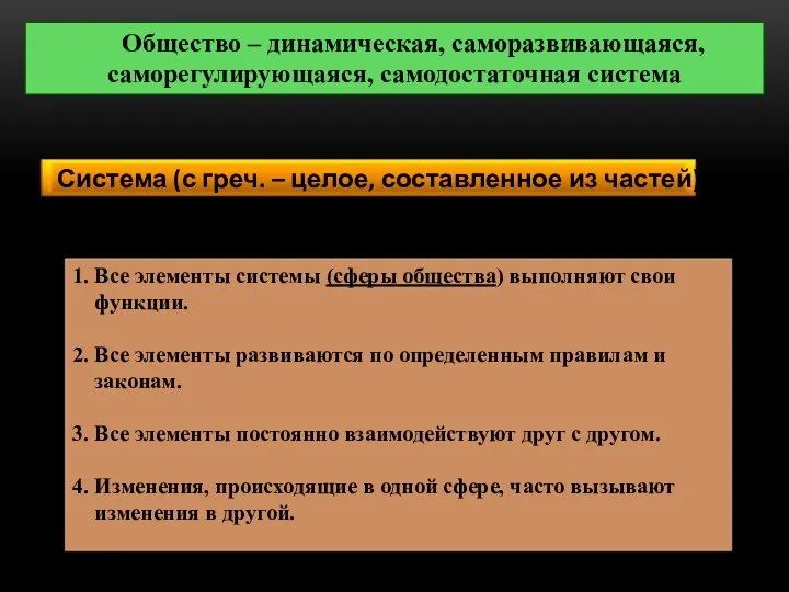 Общество – динамическая, саморазвивающаяся, саморегулирующаяся, самодостаточная система 1. Все элементы