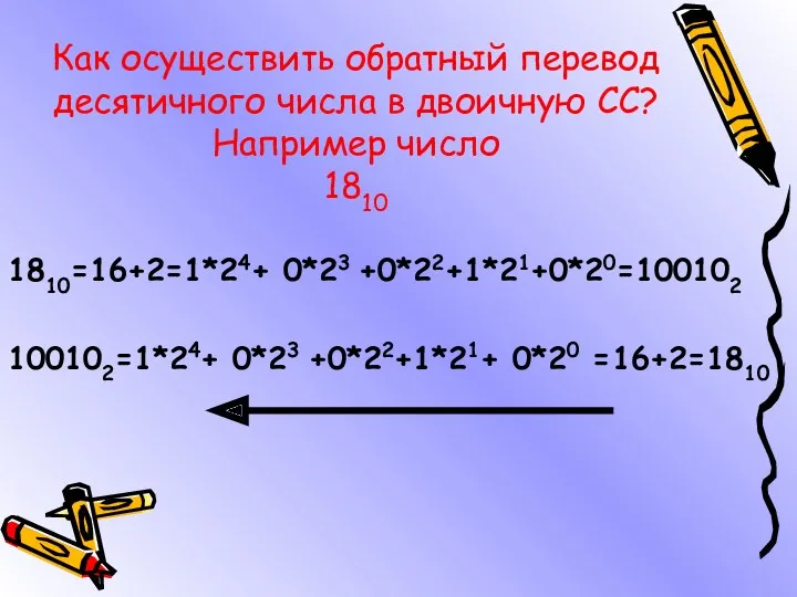 Как осуществить обратный перевод десятичного числа в двоичную СС? Например