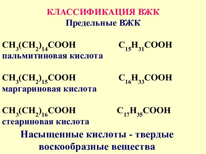 КЛАССИФИКАЦИЯ ВЖК Предельные ВЖК CH3(CH2)14COOH С15Н31СООН пальмитиновая кислота CH3(CH2)15COOH С16Н33СООН маргариновая кислота CH3(CH2)16COOH