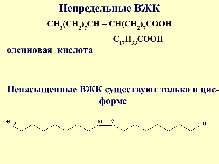 Непредельные ВЖК CH3(CH2)7СН = СН(CH2)7СООН С17Н33СООН олеиновая кислота Ненасыщенные ВЖК существуют только в цис-форме