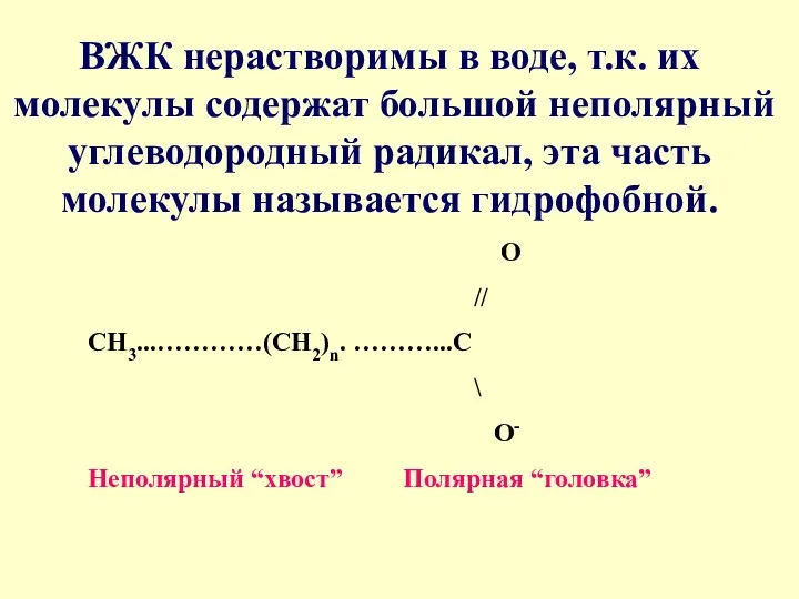 ВЖК нерастворимы в воде, т.к. их молекулы содержат большой неполярный углеводородный радикал, эта