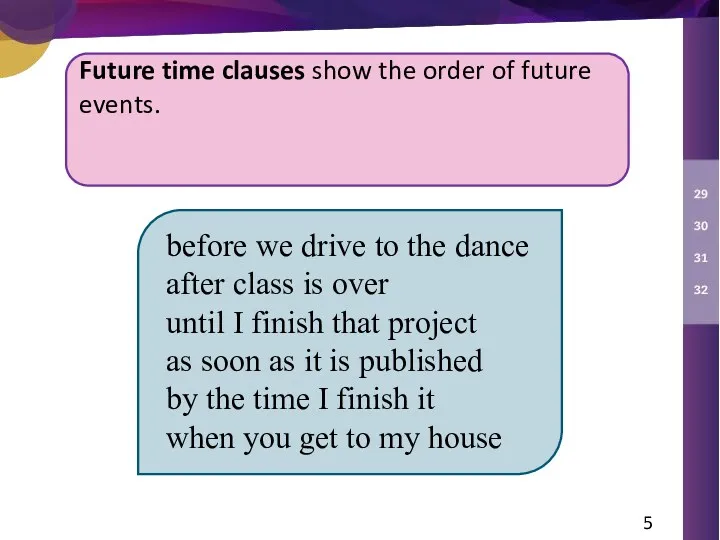 Future time clauses show the order of future events. before we drive to