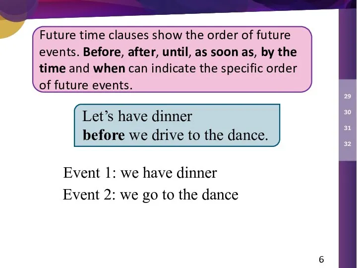 Future time clauses show the order of future events. Before, after, until, as