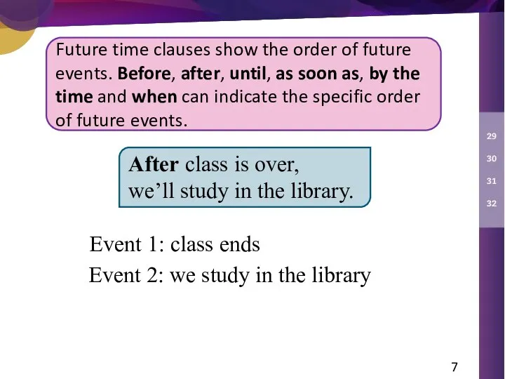 After class is over, we’ll study in the library. Event 1: class ends
