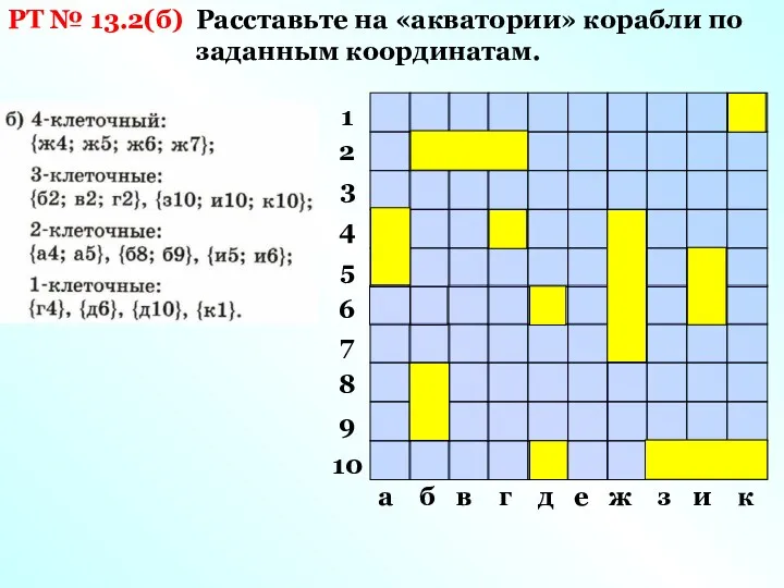 РТ № 13.2(б) Расставьте на «акватории» корабли по заданным координатам.