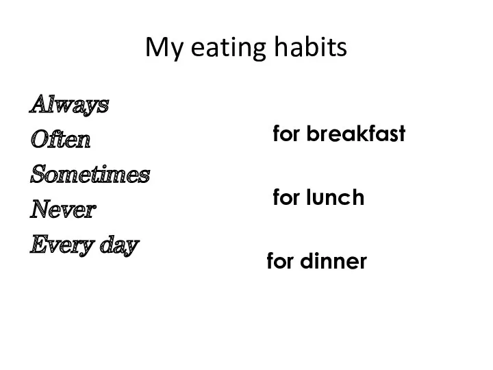 My eating habits Always Often Sometimes Never Every day for breakfast for lunch for dinner