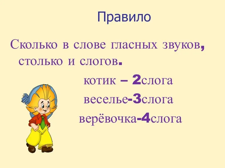 Правило Сколько в слове гласных звуков, столько и слогов. котик – 2слога веселье-3слога верёвочка-4слога