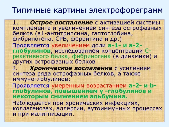 Типичные картины электрофореграмм 1. Острое воспаление с активацией системы комплемента