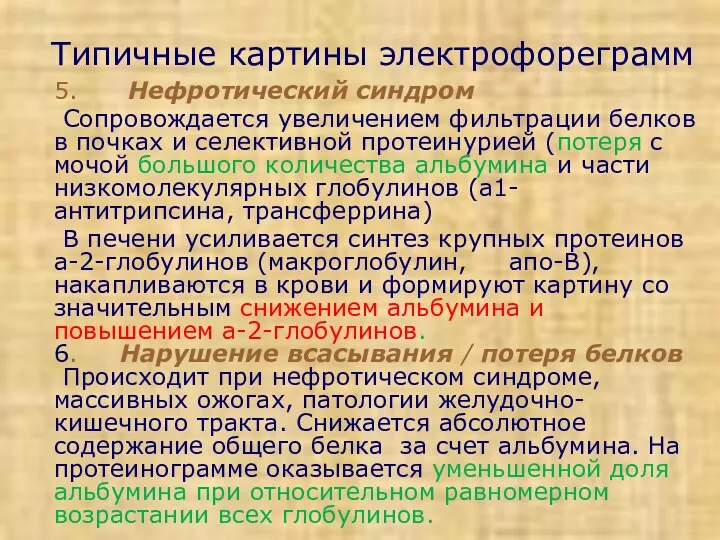 Типичные картины электрофореграмм 5. Нефротический синдром Сопровождается увеличением фильтрации белков