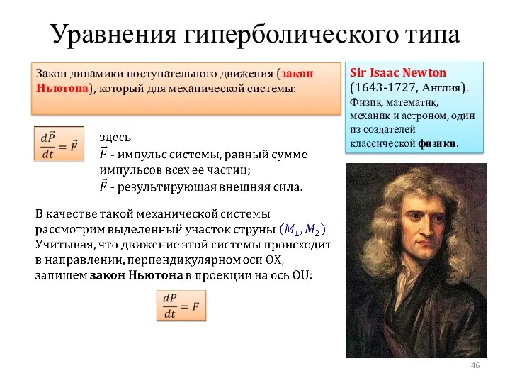 Уравнения гиперболического типа Закон динамики поступательного движения (закон Ньютона), который