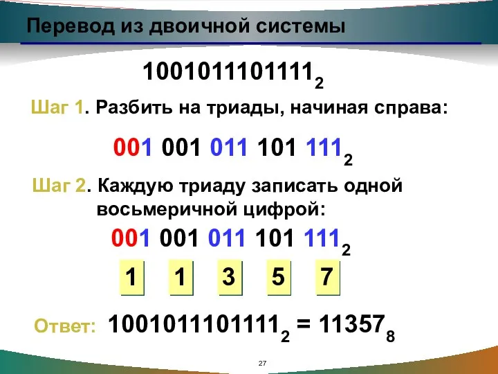 Перевод из двоичной системы 10010111011112 Шаг 1. Разбить на триады, начиная справа: 001