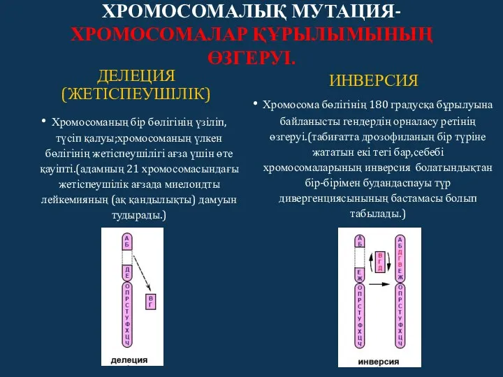 ХРОМОСОМАЛЫҚ МУТАЦИЯ- ХРОМОСОМАЛАР ҚҰРЫЛЫМЫНЫҢ ӨЗГЕРУІ. ДЕЛЕЦИЯ (ЖЕТІСПЕУШІЛІК) Хромосоманың бір бөлігінің