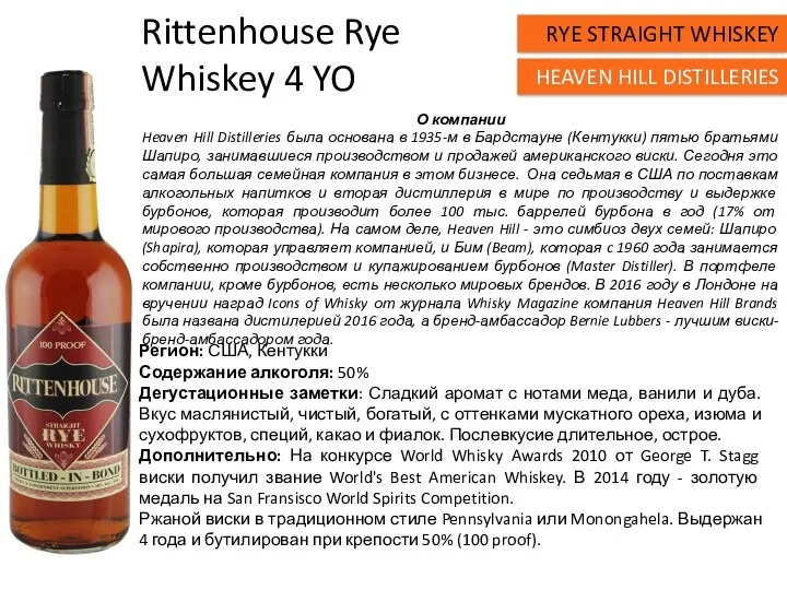 Rittenhouse Rye Whiskey 4 YO Регион: США, Кентукки Содержание алкоголя: 50% Дегустационные заметки: