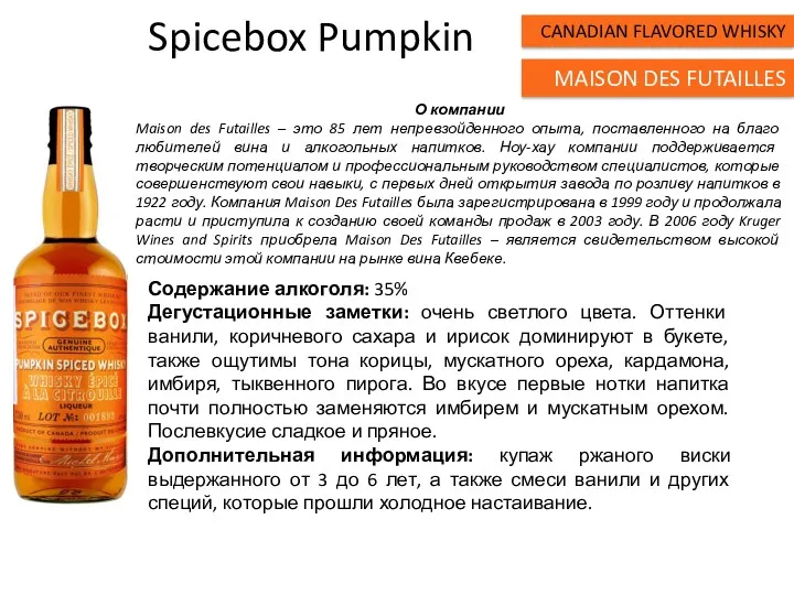 Spicebox Pumpkin Содержание алкоголя: 35% Дегустационные заметки: очень светлого цвета. Оттенки ванили, коричневого