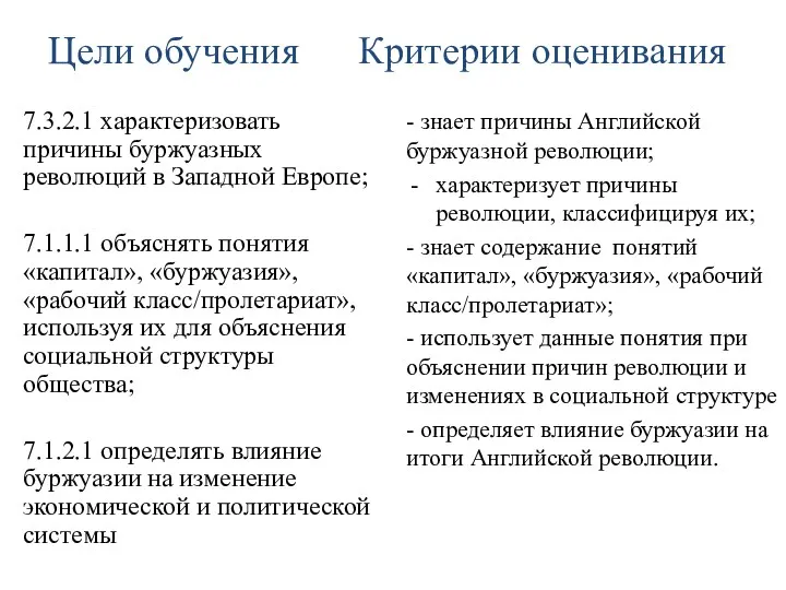 Цели обучения Критерии оценивания 7.3.2.1 характеризовать причины буржуазных революций в