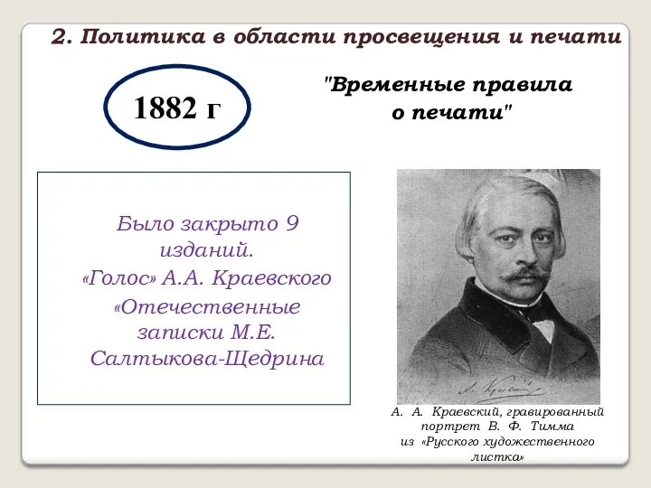 1882 г "Временные правила о печати" Было закрыто 9 изданий.