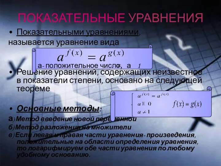 ПОКАЗАТЕЛЬНЫЕ УРАВНЕНИЯ Показательными уравнениями, называется уравнение вида Решение уравнений, содержащих