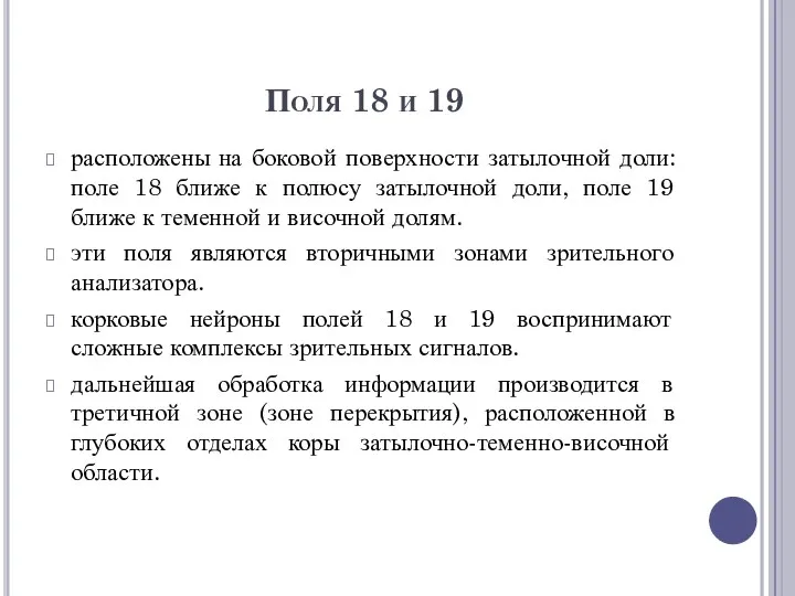 Поля 18 и 19 расположены на боковой поверхности затылочной доли: поле 18 ближе